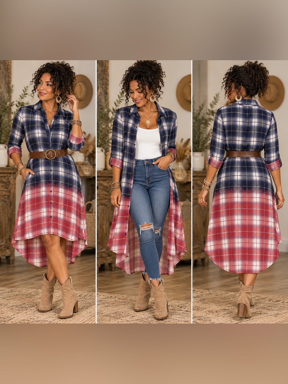 Upcycled Time and Tru Plaid Duster Dress Small Dip Bleach Dyed OOAK Boho